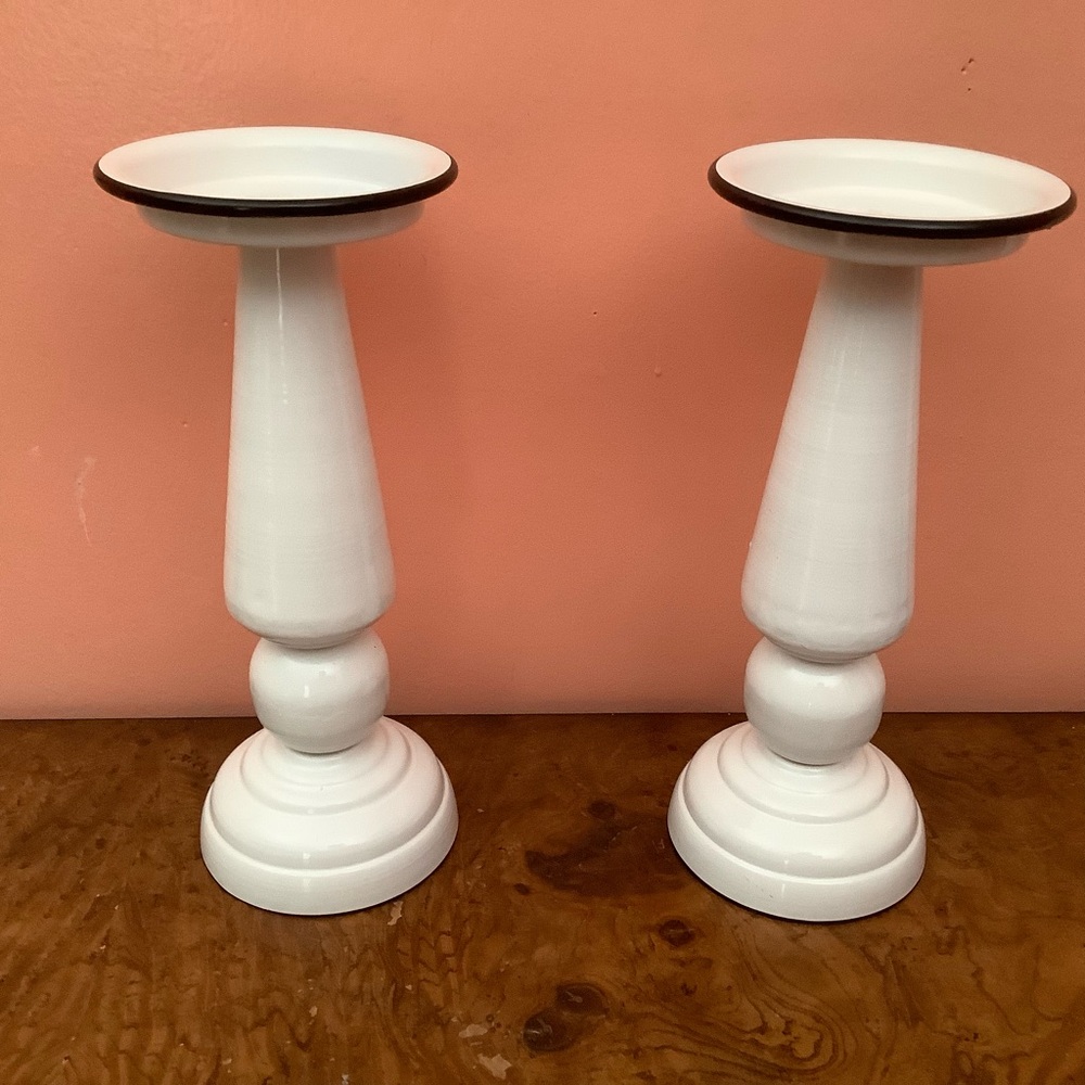 Set of 2 White Enamel Pillar Candle Holders 11.25” Modern Farmhouse Cottage